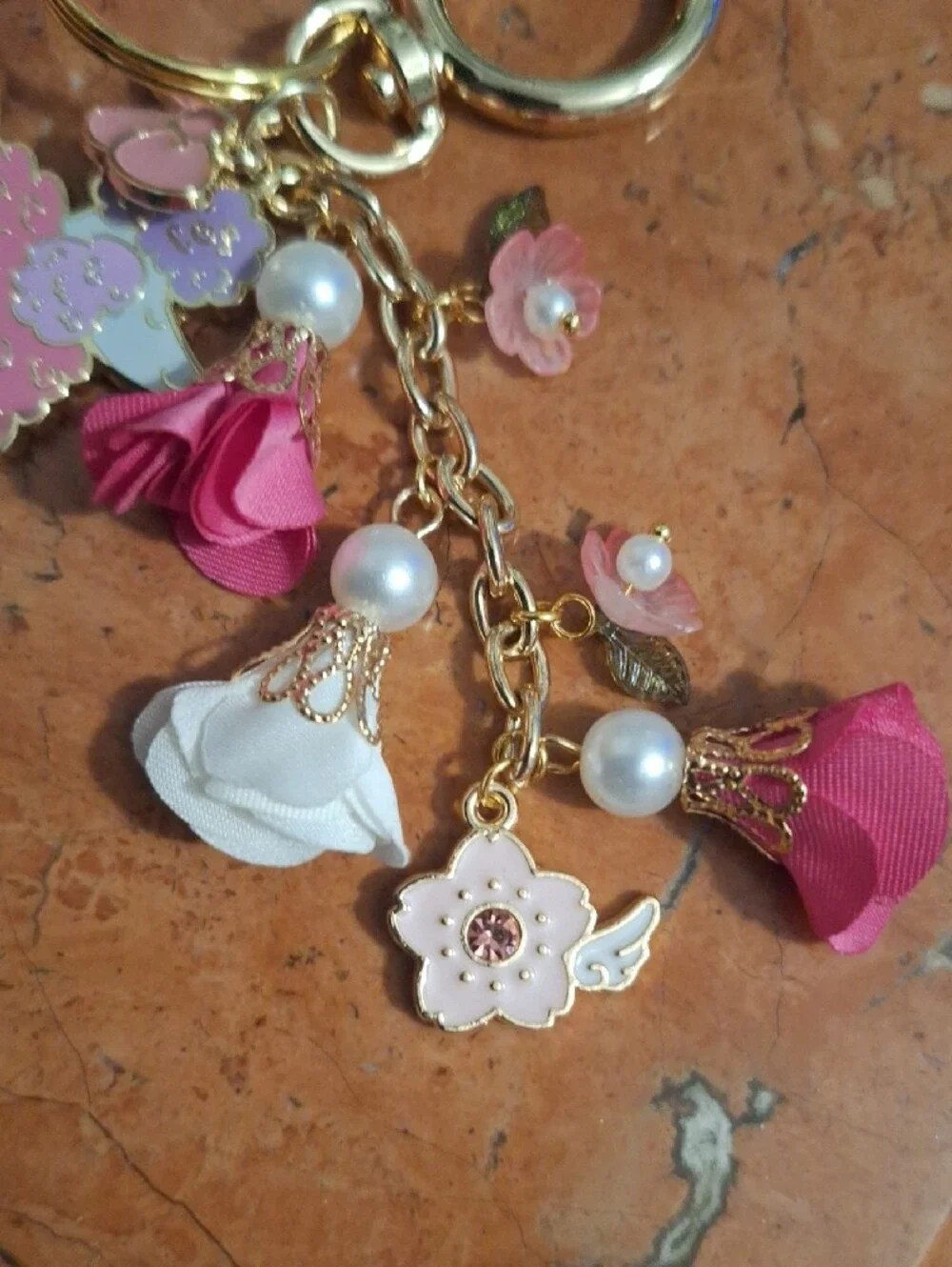 Kids Pink Poodle Charm Keychain Bag Charm with Floral Accents